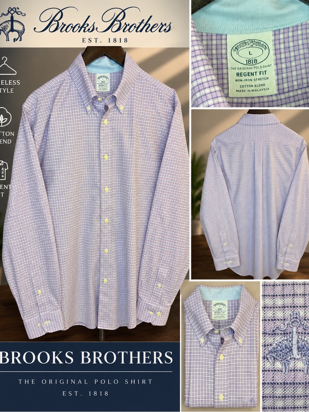 Brooks Brothers Regent Fit Purple Check Button-Down Shirt Size L